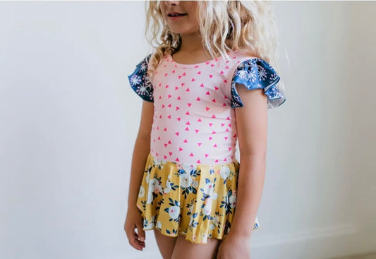 Mustard Floral Skirted Leotard